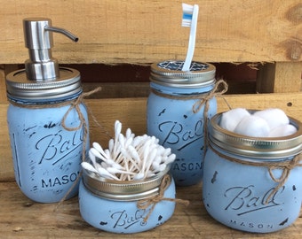 Set of 4/5 Painted Mason Jars. Mason Jar Bathroom Kit. Home Decor. Bathroom Decor. Rustic/Shabby Chic. Wedding/shower/house warming gift.