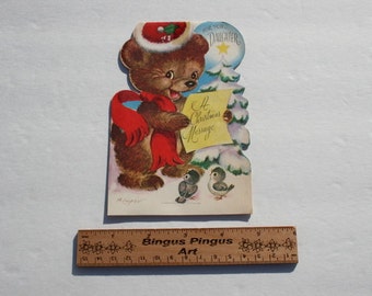 Marjorie Cooper Christmas Card for Daughter, Vintage Die Cut Stand Up Card, Teddy Bear and Birds,1950s 50s USED Cute old Christmas Card