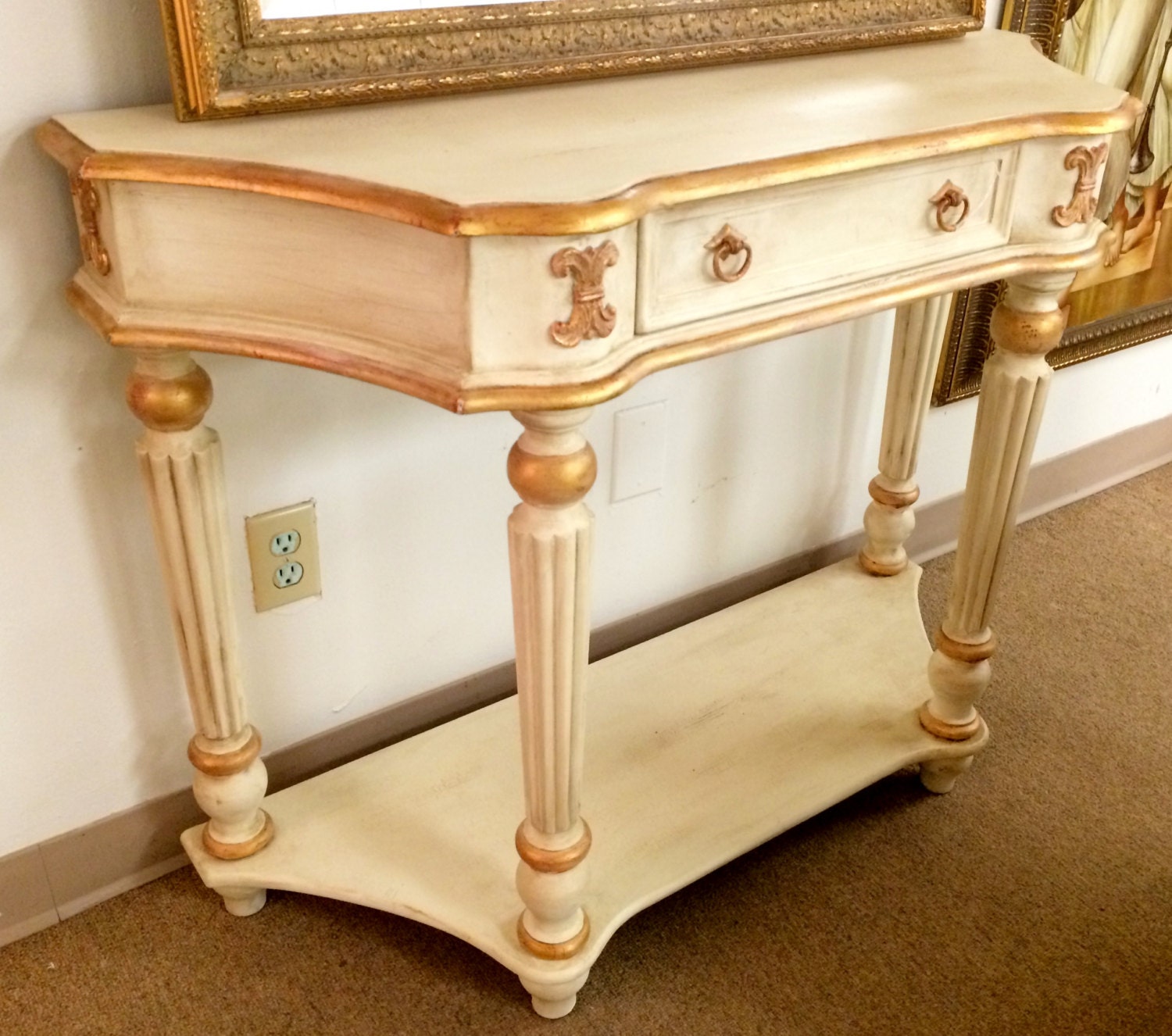 Antique White & Gold Leaf Console Table Hand Painted Annie Sloan Chalk