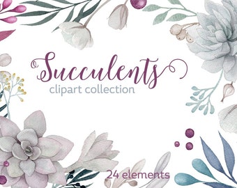 Watercolour Succulent clipart, wedding clip art, flower elements, digital watercolor, Wedding flowers, boho flowers, invitation clip art