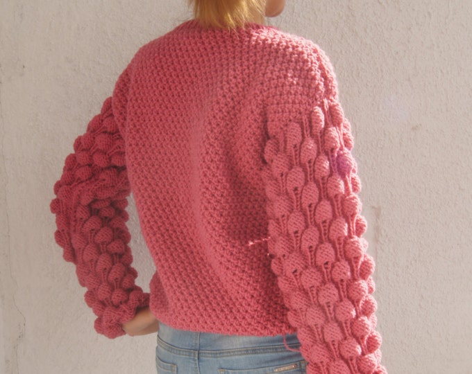 Knit Oversize Free Size Cardigan Sweater Sweatshirt Pullover Pink Dust Rose Handmade, Choose your own color, Custom color