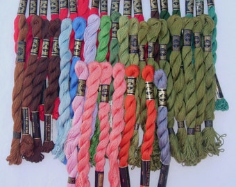 44 Skeins of DMC Coton Perle 5 - reds, greens, blues, browns most new; Good for hardanger, cross-stitch, freestyle, pulled thread, smocking