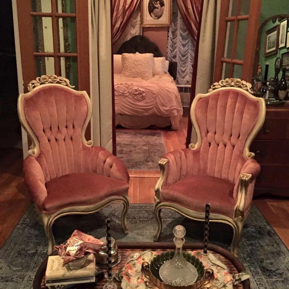 Pair of Antique Pink Velvet Victorian Rose Slipper Chairs BROOKLYN