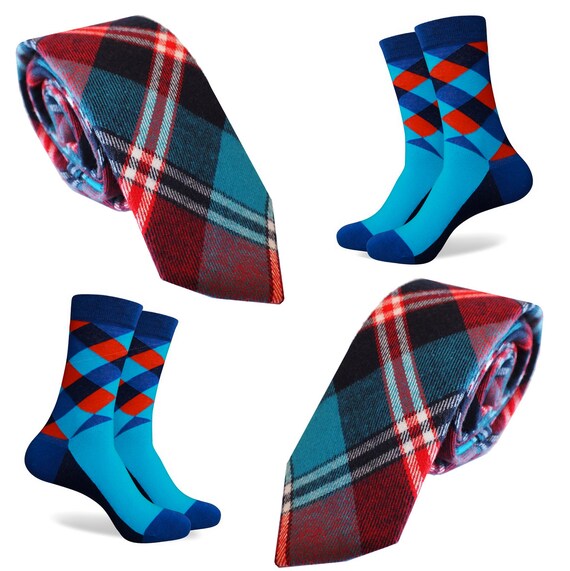 Matching Mens Socks & Tie Aqua Blue Red Plaid Tie by TiedUpInSocks