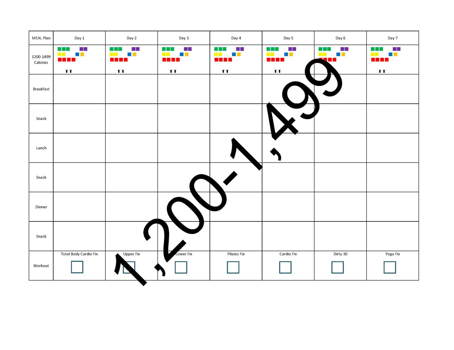 21 Day Fix Meal Planning Template 1200 1499 Calories