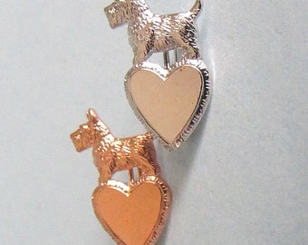 2 Vintage Metal SCOTTIE DOG on HEART Jewelry Pins Silver Tone Copper