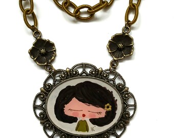 REDUCED - Hand Painted Frame Pendant Necklace