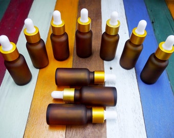 10 pcs. Amber Frosted Glass Bottles with White Eye Dropper For Essential Oil 20cc.