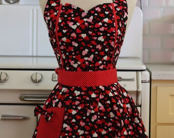 Retro Apron Red and Pink Hearts on Black MAGGIE