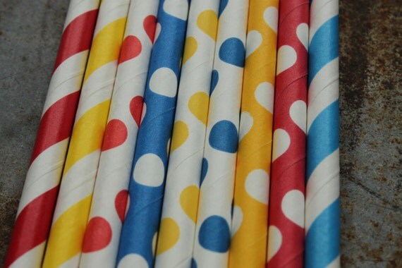 Superman Theme Party - Red, blue, yellow paper straws Il_570xn