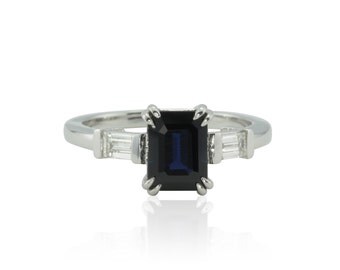 Sapphire Engagement Ring, Emerald cut Blue Sapphire Engagement Ring with Diamond Baguettes - Three Stone Ring - LS1312