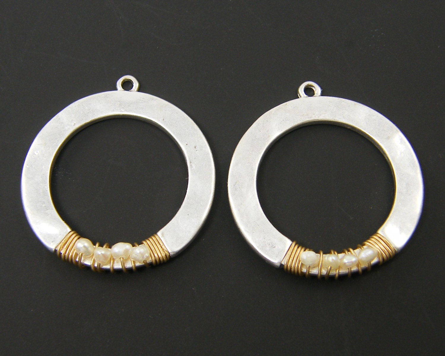 Silver Hoop Earring Findings with Gold Wire Wrap and White