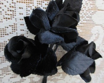 Vintage Millinery Flowers Black Velvet and Satin Roses Made In Japan 1950s VF 077 BK