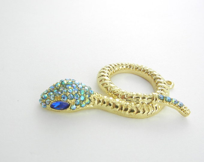 Snake Pendant Charm Blue Rhinestones Gold-tone