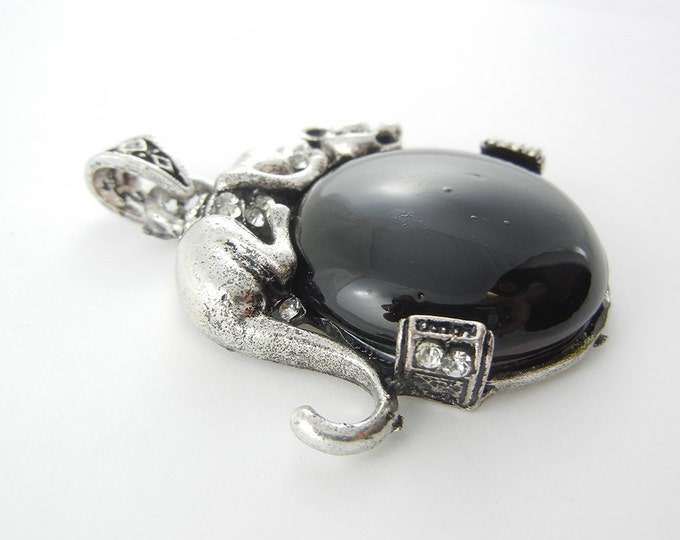 Art Deco Panther on Large Acrylic Black Cabochon Pendant Antique Silver-tone