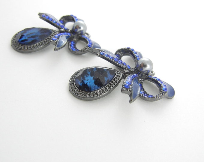 Pair of Hematite and Blue Sapphire Rhinestone Bow Drop CHarms