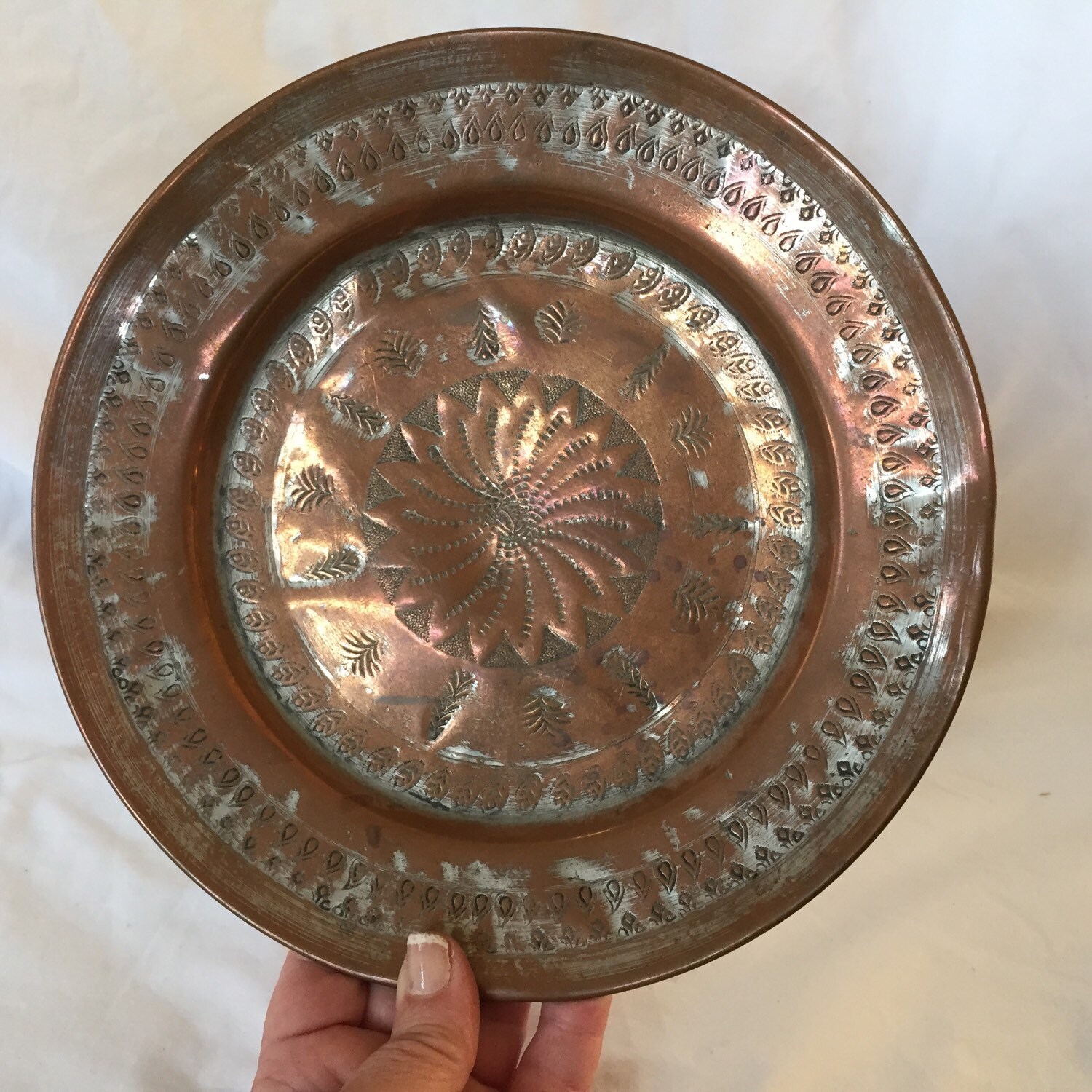 HAND WROUGHT COPPER Dish Vintage Round ethnic engraved dish copper