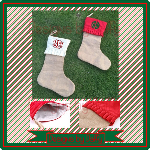 Monogrammed Christmas Stockings - Burlap Ruffled Personalized