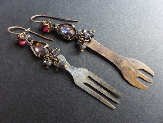 Nourishment. Rustic assemblage earrings with forks and iolite.