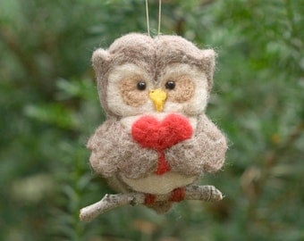 Needle Felted Owl Ornament - Valentine Heart