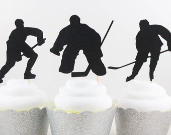 Ice Hockey Silhouette Cupcake Toppers - Set of 12 - with Silver Glitter Stanley Cup Topper!