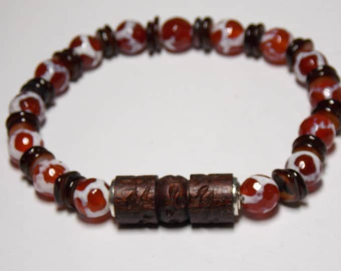 Mens Bracelet Semiprecious Gemstone Bracelet Tibetan Agate Shell Wood Bracelet Natural Elements Prayer Bracelet Mens Fashion