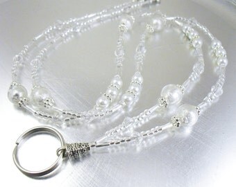 Silver Foiled and Clear Crystal Glass Beaded ID Lanyard, Badge Holder, Eyeglass Leash