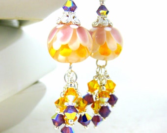 Yellow Purple White Lotus Earrings, Flower Earrings, Botanical Earrings, Crystal Dangle Earrings, Floral Earrings Lampwork Earrings, Nature