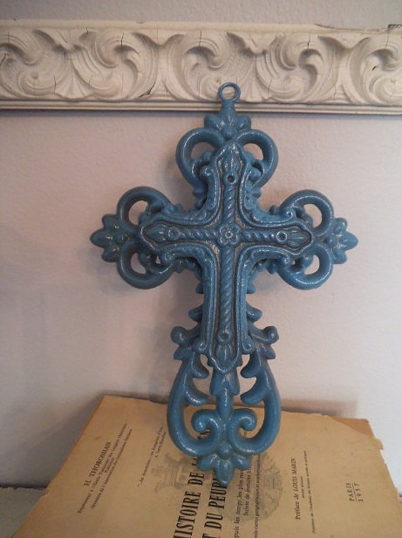 Wrought Iron Double Cross Wall Hanging Rustic Aqua