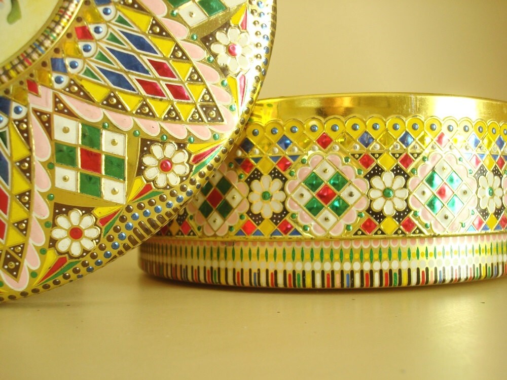 Gold tin, vintage patterned tin storage container, fancy embossed