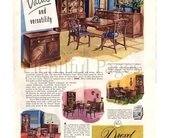 1949 Drexel Furniture Vintage Ad, 1940's Furniture, 1940's Decor, Advertising Art, Vintage Furniture, Hampton Court Collection, Retro Decor.