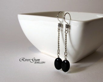 Black Onyx Earrings, Long Sterling Silver Earrings, Silver Twists, Handmade by RiverGum Jewellery