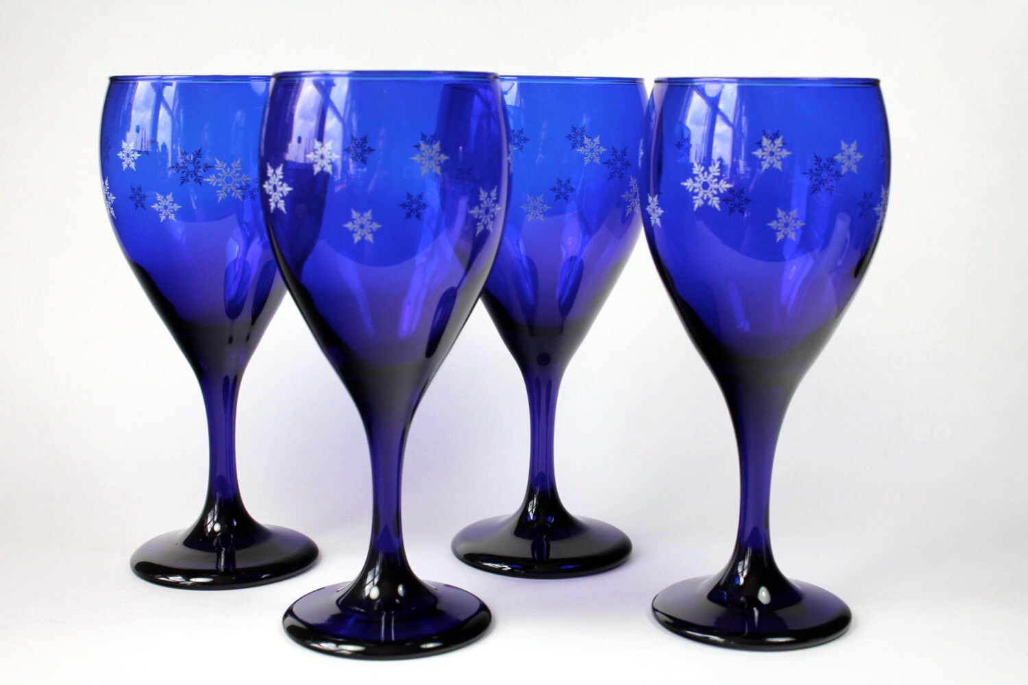 Set Libbey Cobalt Blue Glasses Snowflake Pattern Stemware Wine