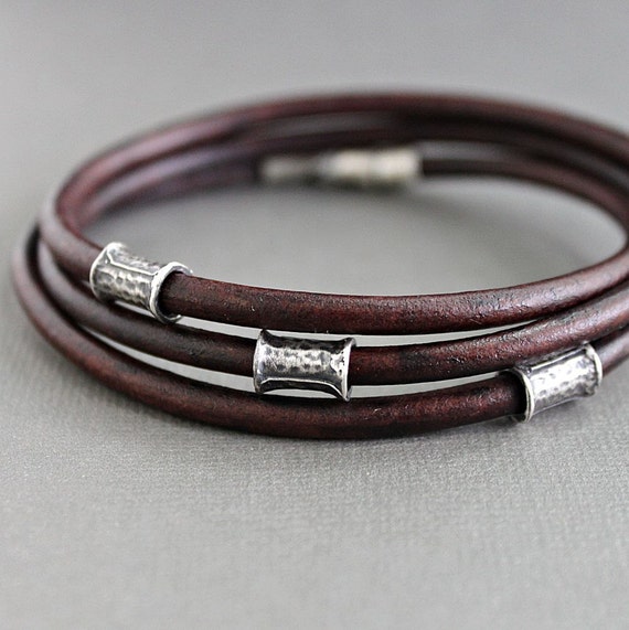Mens Brown Leather Wrap Bracelet Silver Tube by LynnToddDesigns