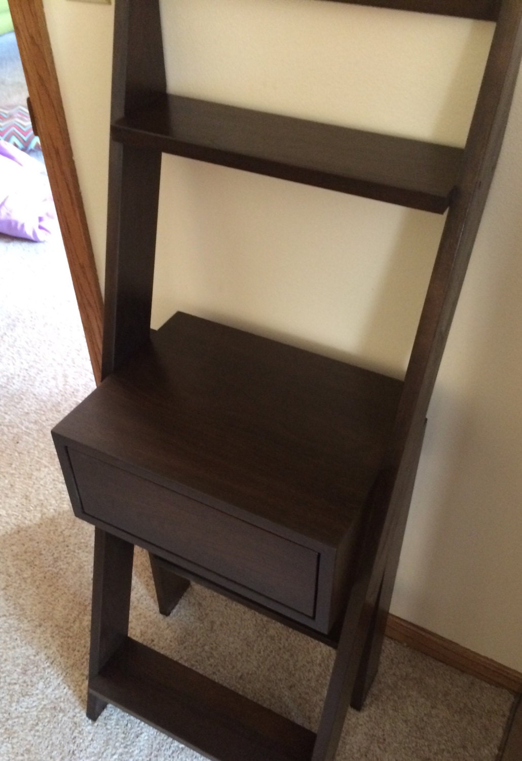Walnut Ladder Shelf with built in nightstand with drawer.