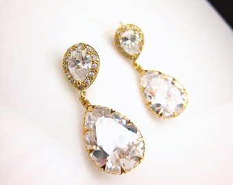 bridal jewelry bridesmaid gift prom party crhistmas wedding Clear white teardrop aaa cubic zirconia on teardrop cz post gold earrings stud