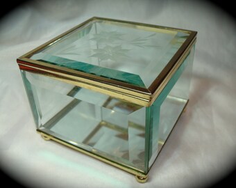 1992 Beveled Glass Trinket Box with Etched Flowers.