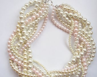 bridal blush ivory white pearl necklaces braided twisted chunky statement pearl necklace bridesmaid custom order necklaces