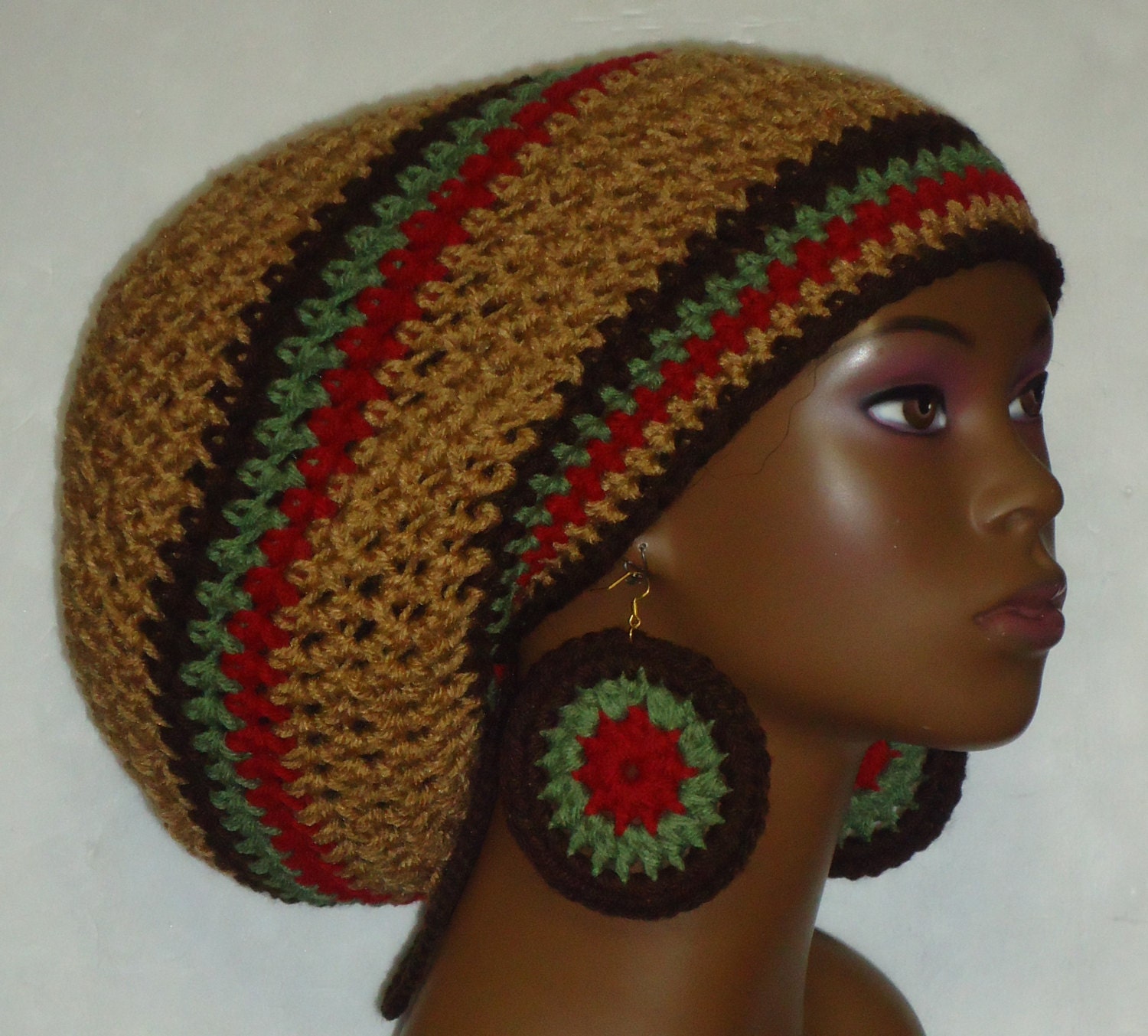 Earth Tone Crochet Large Tam Cap Hat with Drawstring by RazondaLee