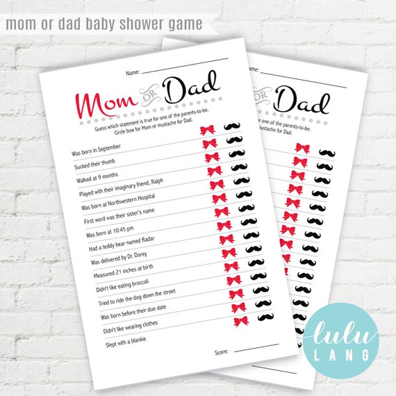 Printable Mom or Dad Custom Baby Shower Trivia Game Red