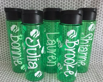 GIRL SCOUT 24 oz. personalized plastic water bottle with straw name and trefoils green emblem troop brownies badges