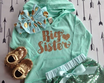 Big Sister Light Weight Hoodie Big Sister Shirt Mint Big Sister Shirt Mint and Gold Shirt Hoodie Long Sleeve Big Sister Shirt