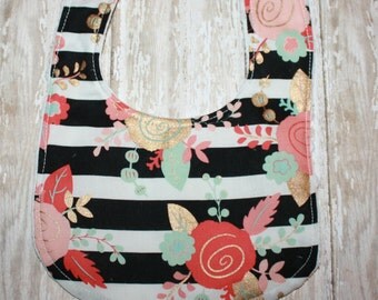 Baby Bib- Mint, Gold and Blush Floral Bib with Minky Backing, Baby Girl Bib, Gold Baby Bib, Minky Baby Bib