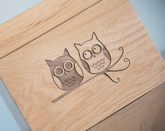 Wooden Recipe Box with Adorable Owls
