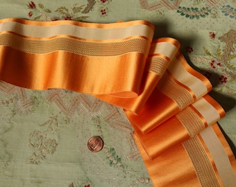 1 yard Antique silk satin woven faille ribbon deep ecru golden pumpkin cream shade 3 15/16" wide doll art deco millinery hat trim ribbonwork