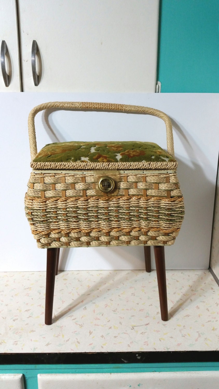 Vintage Mid Century Modern Wicker Sewing Basket With Tapered Legs Mod Vintage 1960s Haute Juice