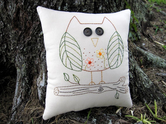 Owl Pillow, Hand Embroidered Owl Decor, Unique Whimsical Woodland Pillow, OOAK, Cute Owl, flowers leaves, Original Design, stitchery, HAFAIR