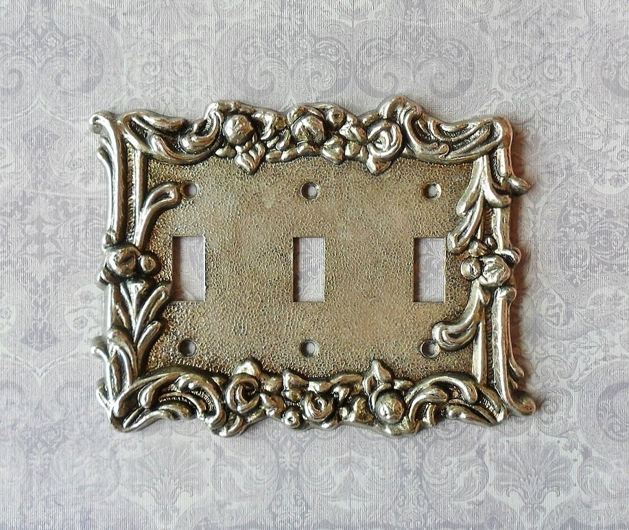 Triple Light Switch Plate Cover Ornate Silver Pewter Tone on