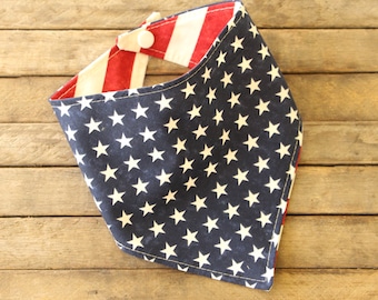 Baby Bib Bibdana Drooling Bib Rockabilly American Flag Blue with Stars Reversible Over Red and Creme Stripes Fourth of July Baby Shower