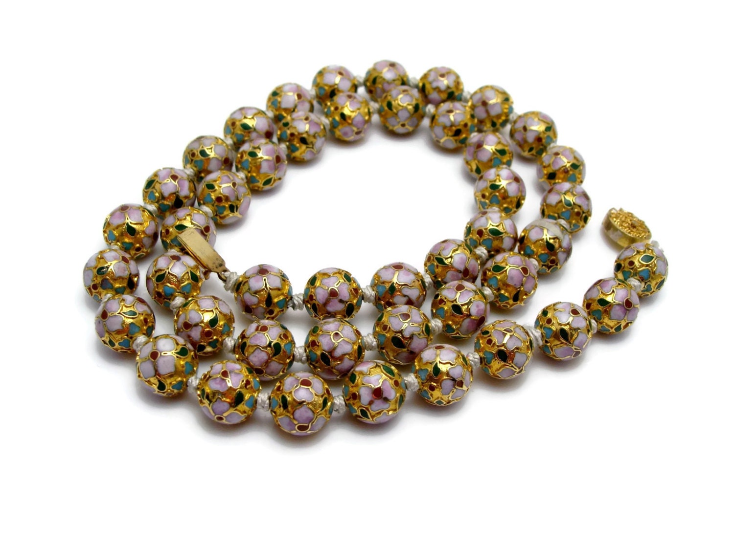 Vintage Cloisonne Bead Necklace Chinese Export Enamel Gold